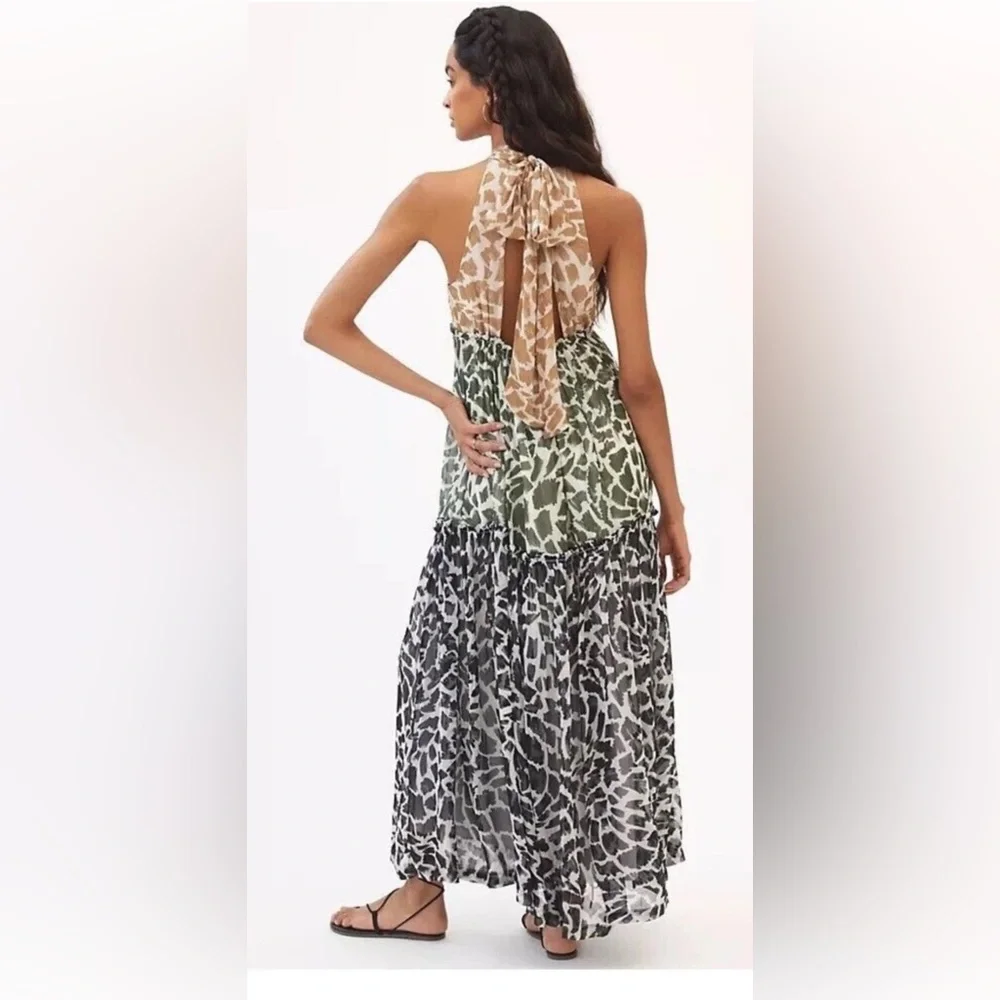 Anthropologie Maeve Keyhole Halter Animal Print Maxi Dress Tiered Size XS NWT